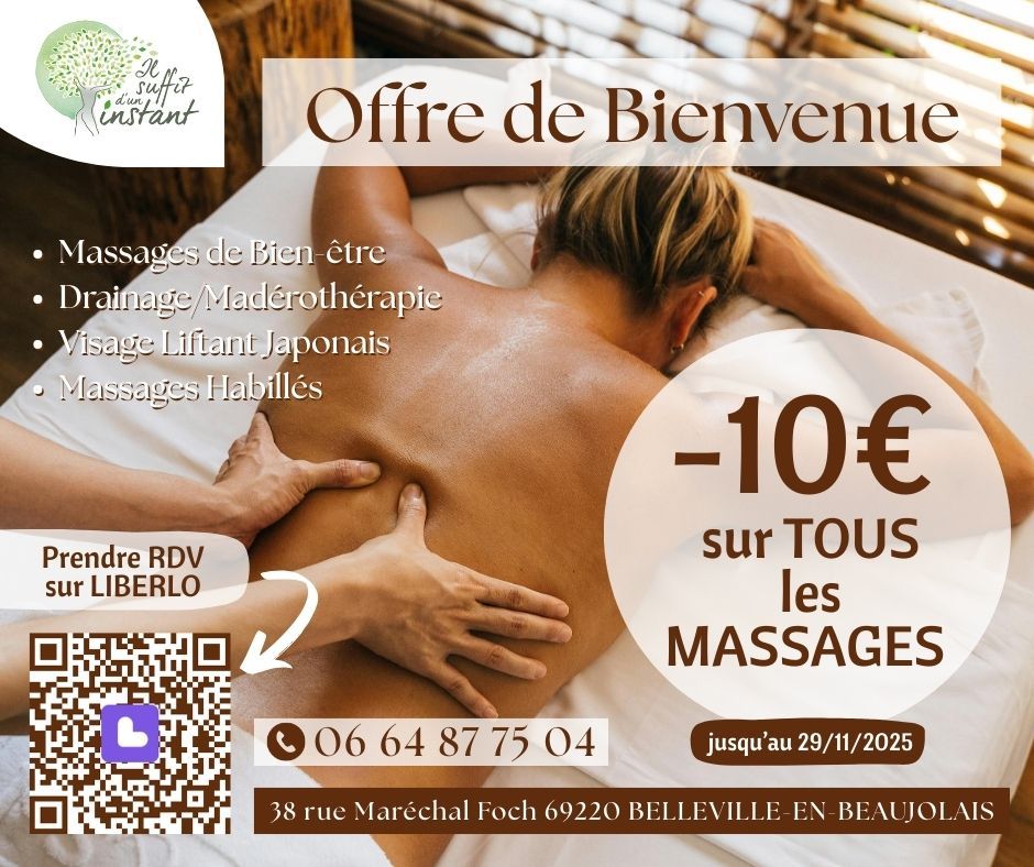 Il suffit d’un instant - Massages bien-être en cabinet sur Fareins ou à domicile sur Trévoux, Villefranche, Châtillon sur Chalaronne. Praticienne certifiée en massage bien être pour des massages sportifs suedois, californien, lomi lomi, énergétiques tui na du dos ou abhyang, amma assi. pour vos EVJF, évènements ou en entreprises.